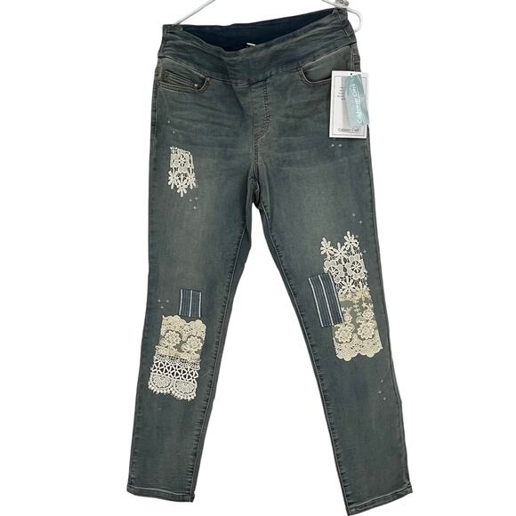 Coldwater Creek Medium Wash Jeans with lace patches in Light Blue/White Size 10 - Picture 1 of 7